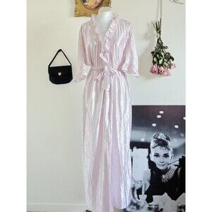 Vintage 70s 1970s Pastel Pink Satin Deep V Ruffle Straight Button Up Maxi Dress